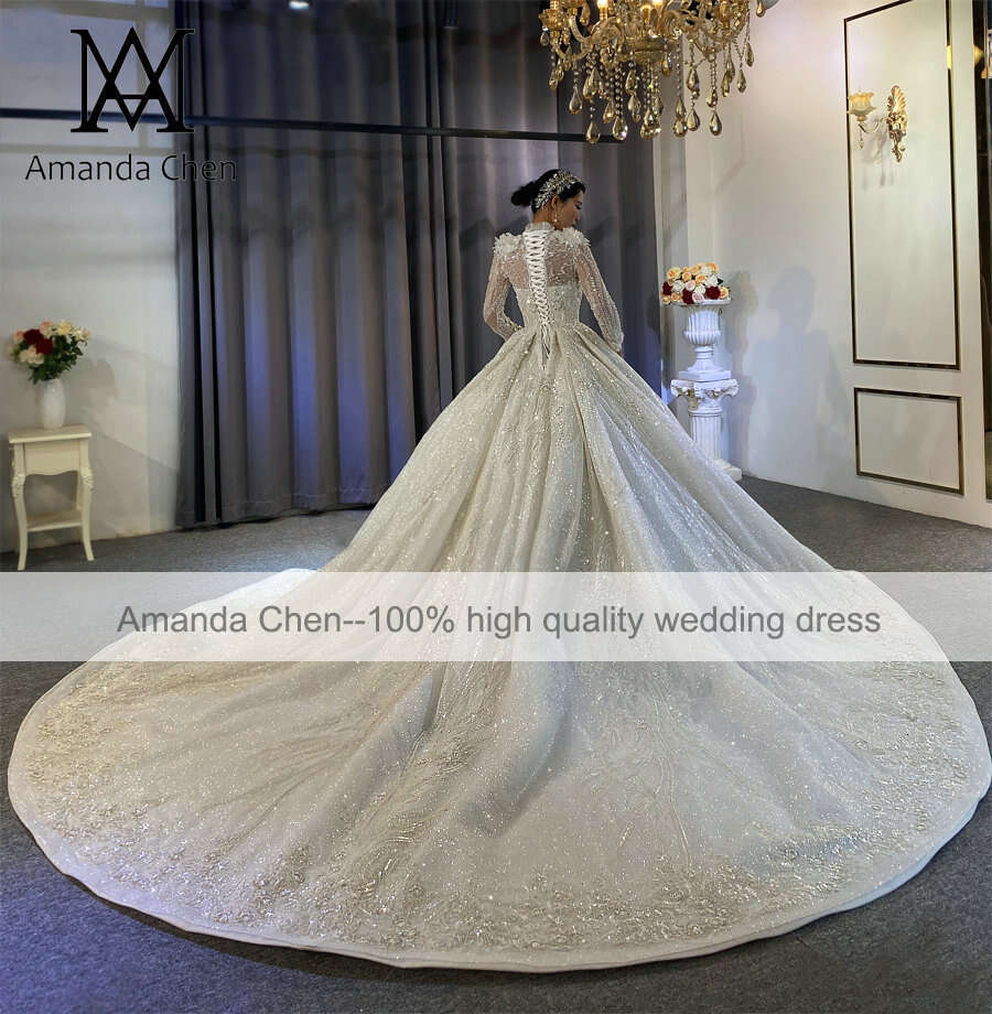 Neck High Long Sleeve Lace Appliqued A E Wedding Dress