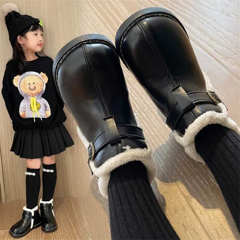 New Winter Childrens Shoes PU Leather Warm Plush Girls Boots Waterproof Girls Velvet Cotton Shoes Fashion Childrens Short Snow Boots M241102
