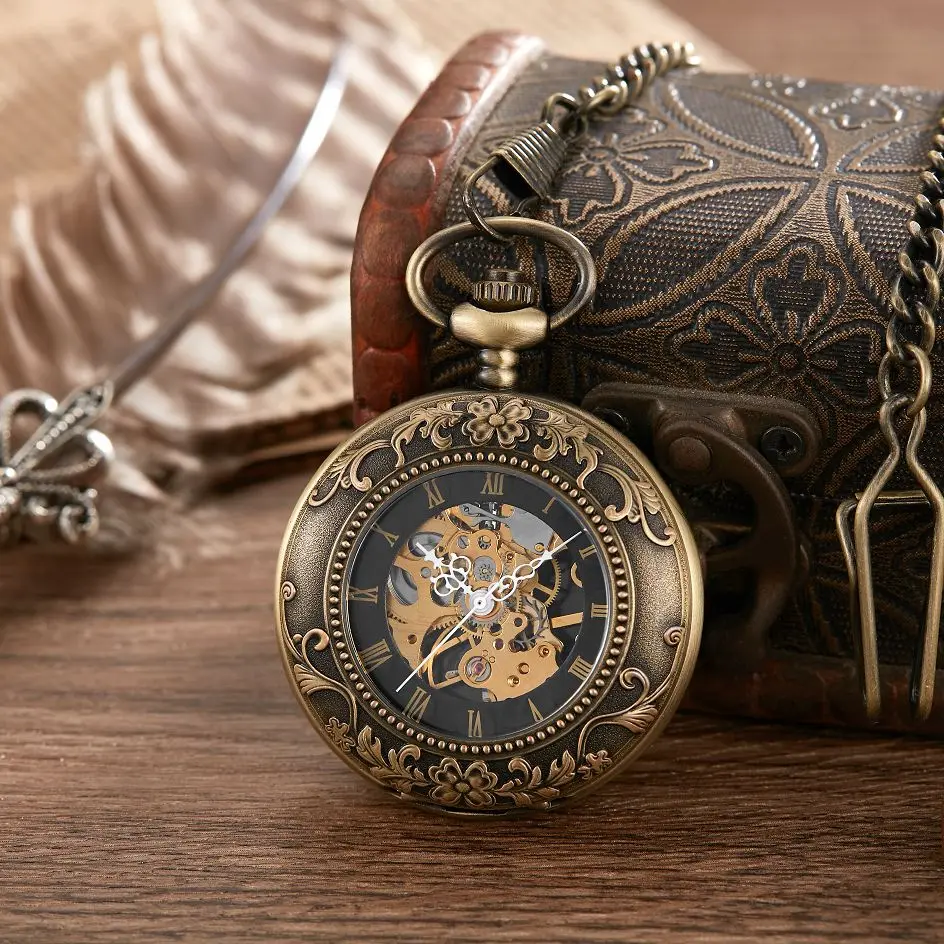 New 2 new Sides Open Gift Carving Mechanical 2025 Pocket Watch Men Women Fob Hand Wind Double Hunter Roman Numerals