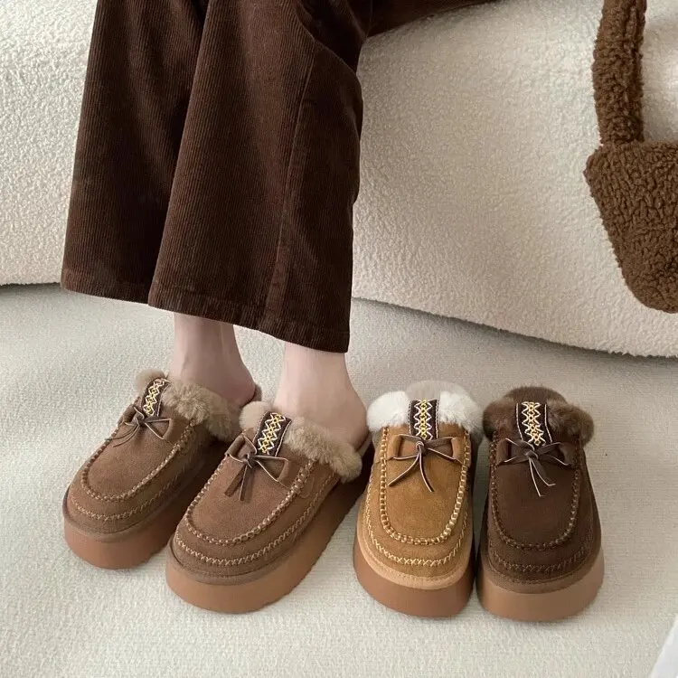 Women's Leather Shoes Cover Toe Ladies Slippers Med Platform Flock Fringe Flat Snow Boots Rome Fur Shearling Slides Rub