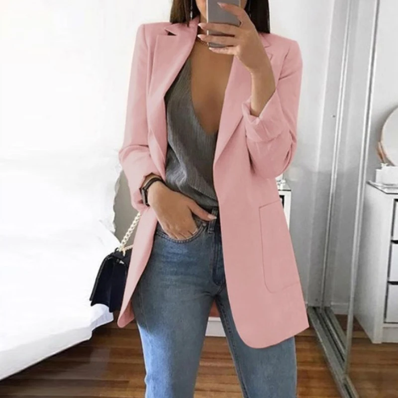 new Formal Suit Jacket Long Sleeve Coat for Women Slim Cardigan Jacket Solid Open Front 2025 Pockets Elegant Lapel Temperament Jackets
