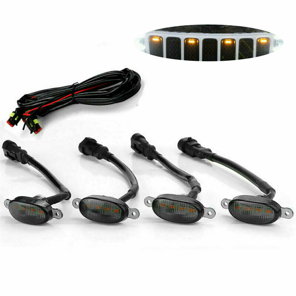 Front Grille LED Light Raptor Style Grill 4pcs Smoked Lens Amber Car Light LED Running Lights For Jeep Grand Cherokee 2003-2021