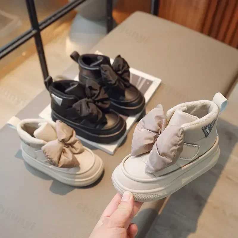 Girls Boots Bow Version Soft Princess Shoes New Autumn Winter Childrens Fashion Plush Warm Snow Boots Anti slip Childrens Shoes M241102