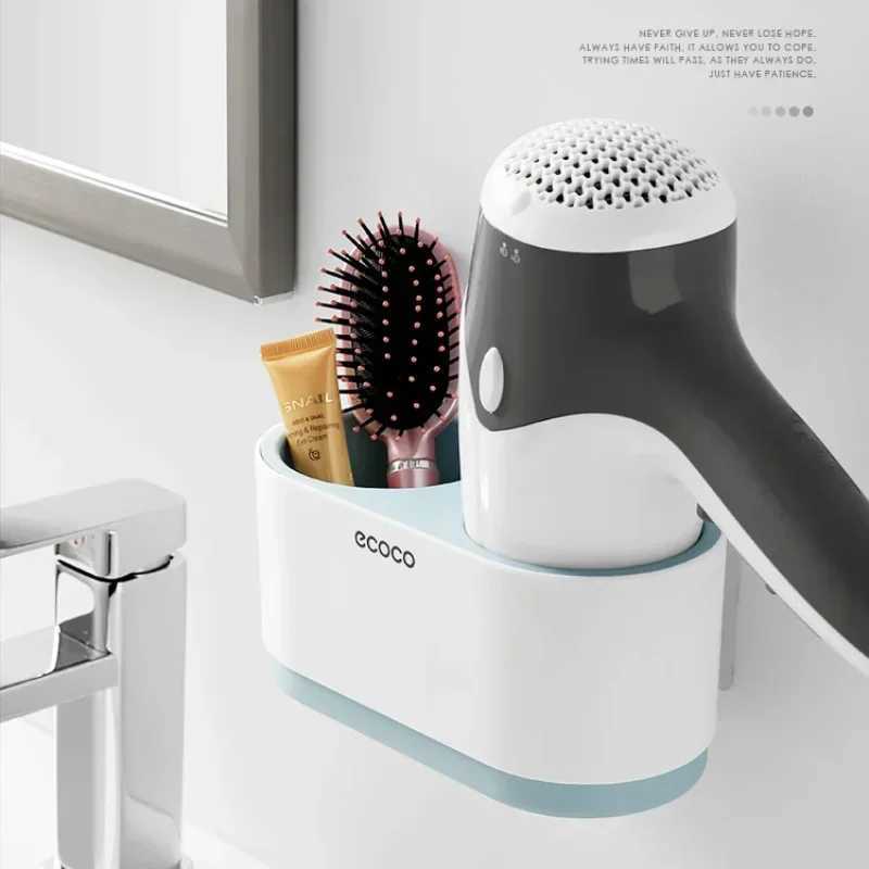 Hair Dryers ECOCO Hair Dryer Rack Wall Mounted Punch Free Bathroom Accessories Set Home Bathroom Shelve Bathroom Holder Tool Drainage 240401