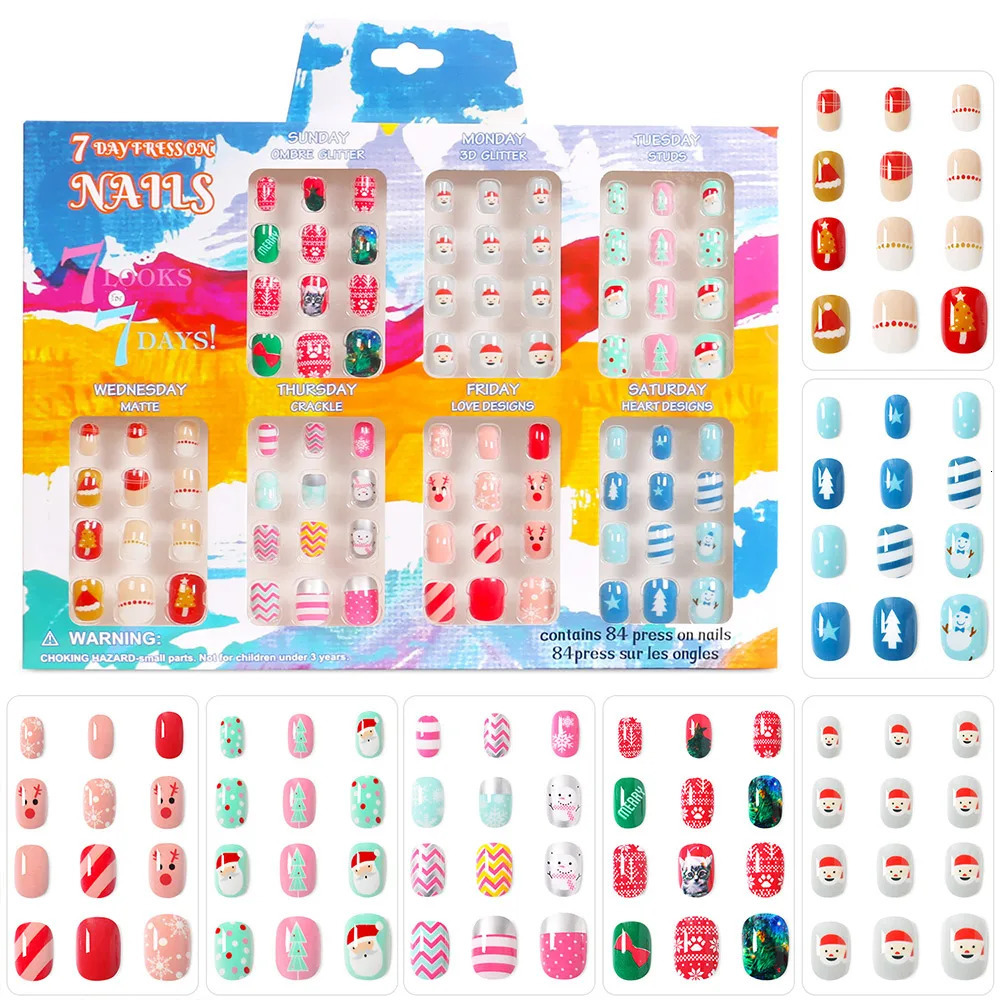 84 pieces of childrens pressed nails Christmas fake nails complete set of stickers childrens nail stickers fake nail decorations 241031