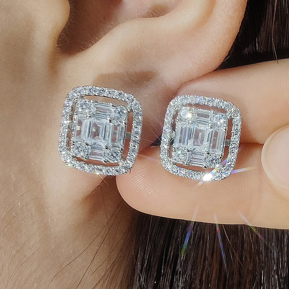classic Square Zirconia Earrings Fashion Women's 925 Sterling Silver Crystal Earrings Platinum Diamond Princess Earrings Luxury Wedding Jewelry E