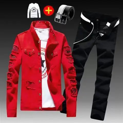 Spring and autumn mens denim jacketdenim pants set fashionable single corset mens two-piece denim set 241030