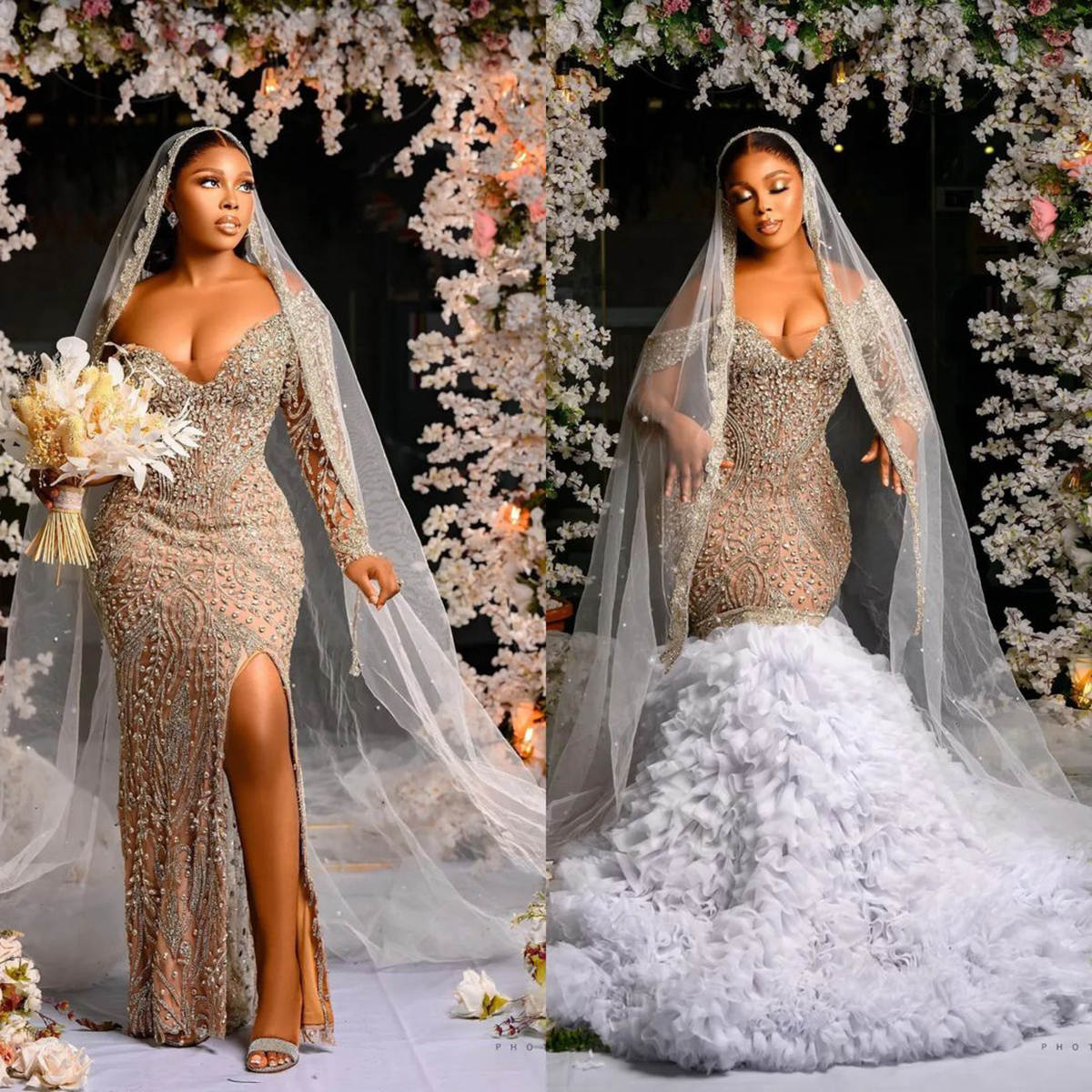 Customized Mermaid Wedding Dress With Veil Crystal Beaded Off Shoulder Bride Gown Detachable Ruffles Sweep Train Bridal Dresses