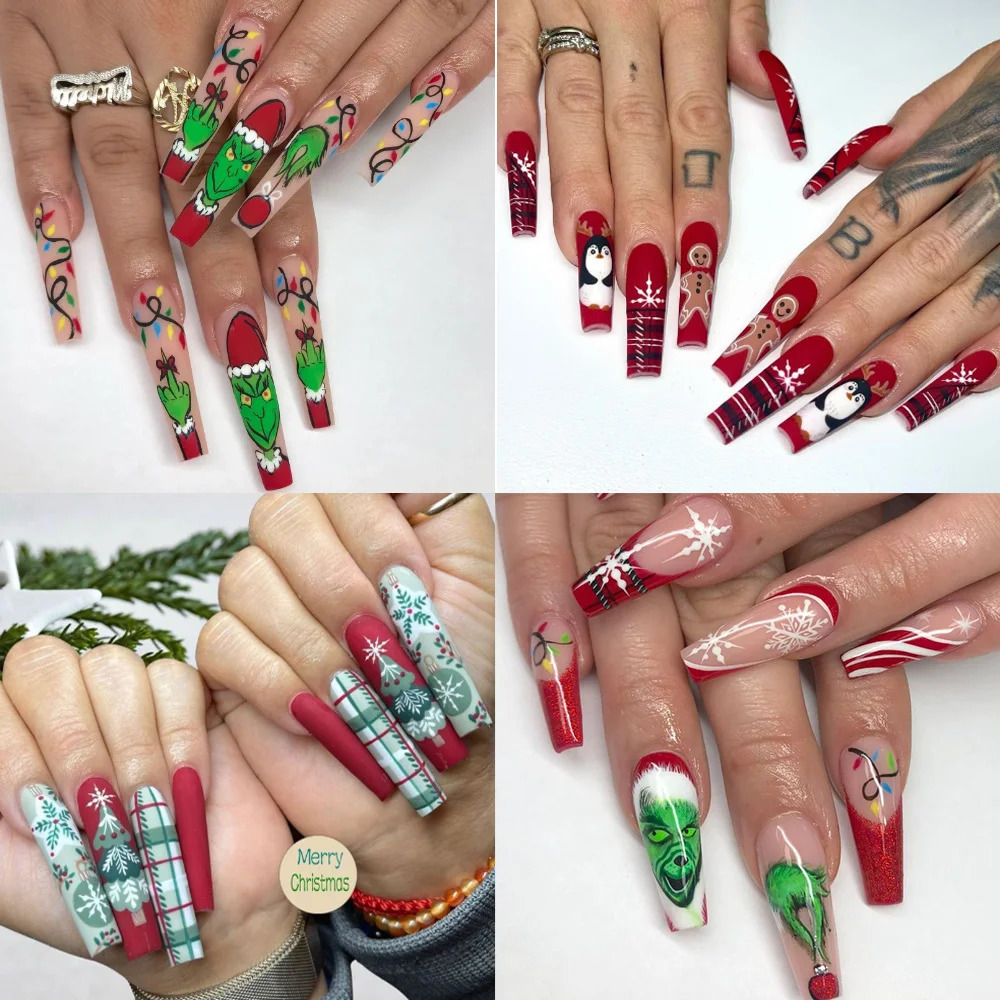 3D fake nails for Christmas parties long French Coffin tips snowflakes Christmas trees fake oranges press machine acrylic fake nail set 241031