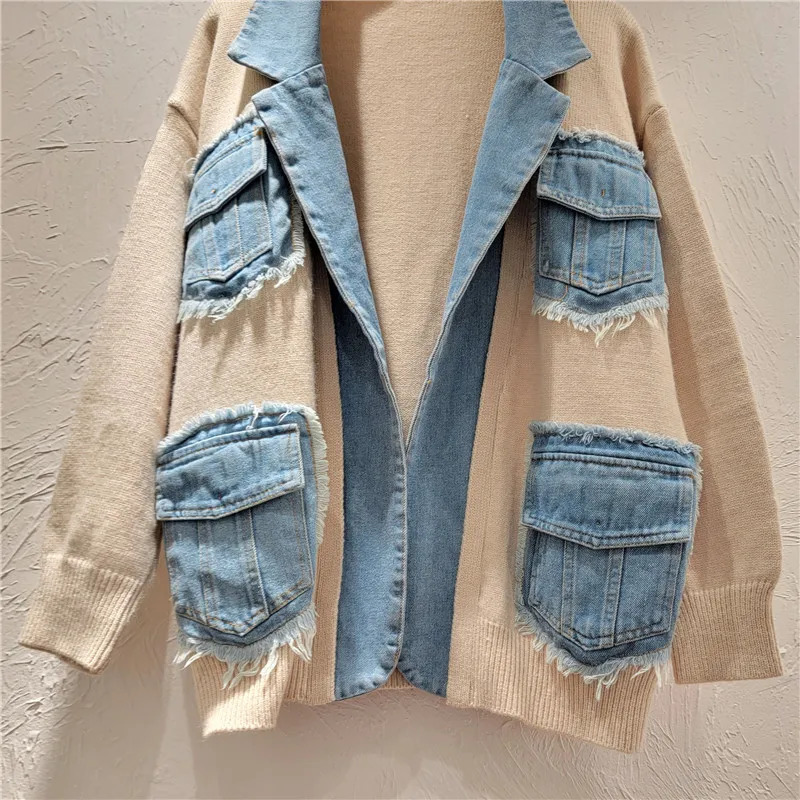 Womens denim patchwork suit jacket knitted cardigan pocket contrasting color jeans jacket long sleeved autumn sweater top 241031