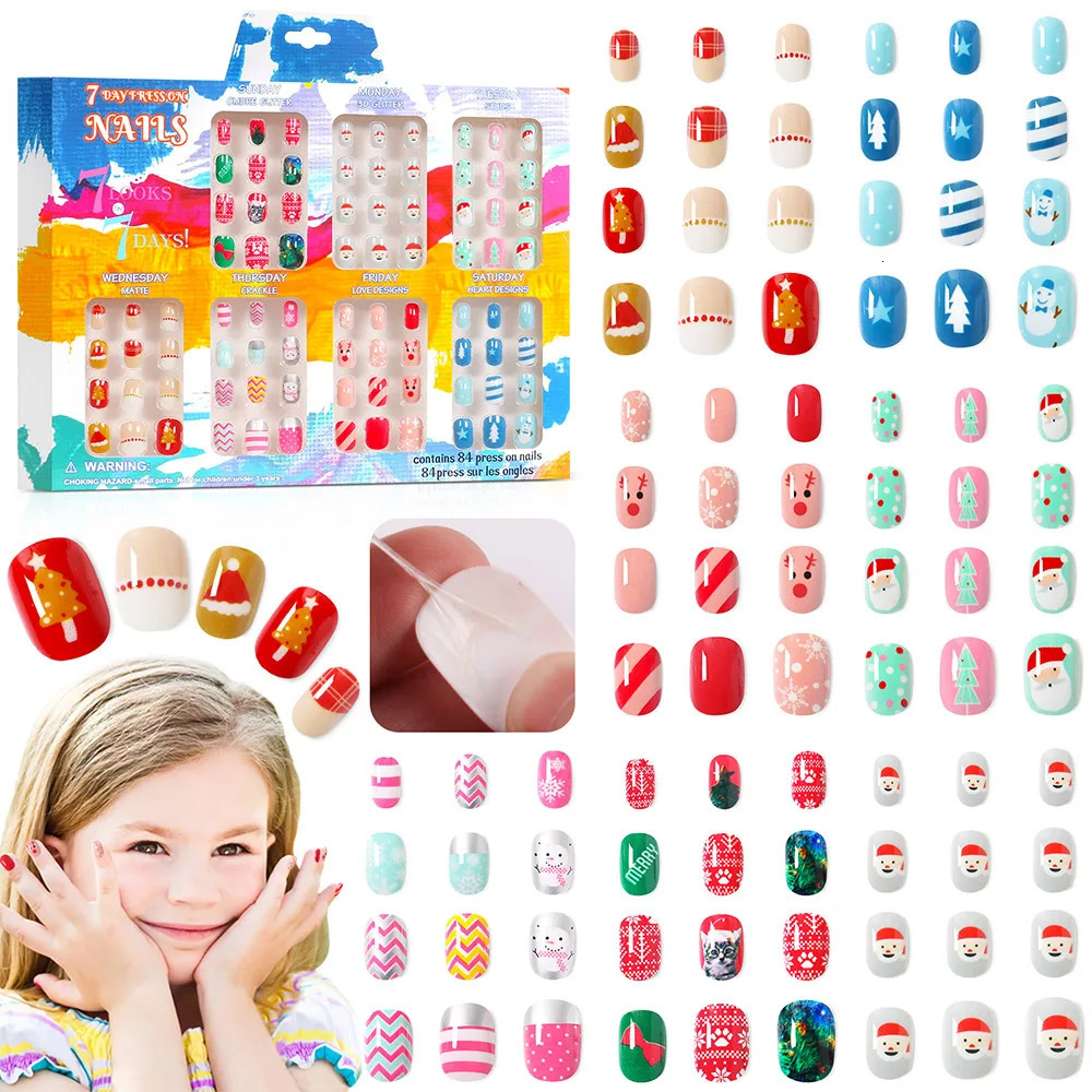 84 pieces of childrens pressed nails Christmas fake nails complete set of stickers childrens nail stickers fake nail decorations 241031