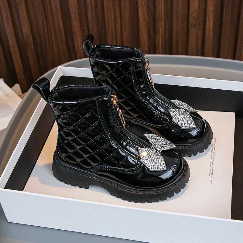 New fashionable checkered girls shiny bow ankle boots with childrens front zipper anti slip boots M241102