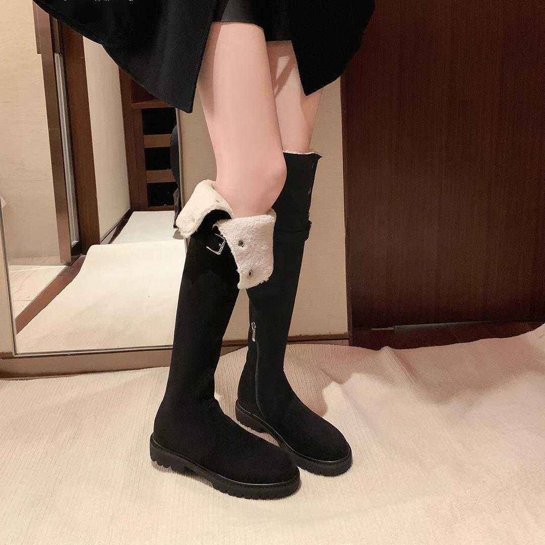 CMM Velvet Belt Buckle Thick Heel Over Knee Long Boots for Women New Versatile Two Warm Cotton Boots Knight Boots