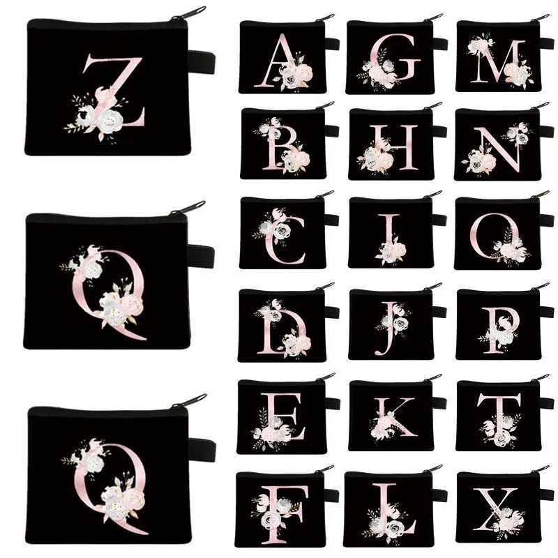 Pink Letter Flower Print Purse Cute Portable Zipper Key Storage Bag Small Fresh Canvas Zippered Children Coin Purse Cluh BagXJ241111