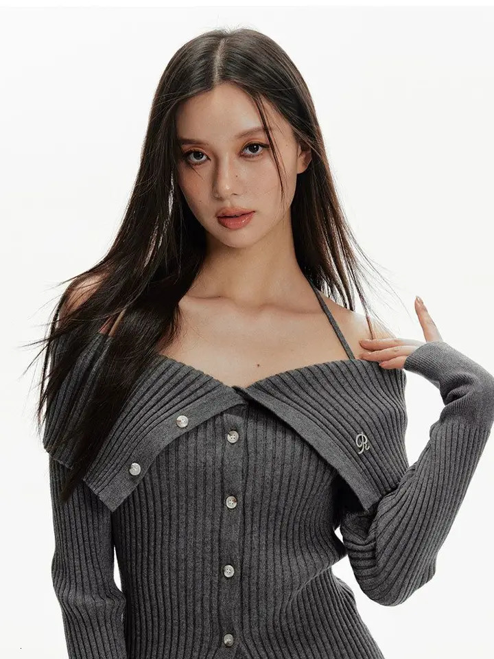 Autumn slanted neck shoulder womens cardigan wool sweater Y2k fashion ultra-thin retro Grunge sweater fashion bandage suspender knitted women 241031