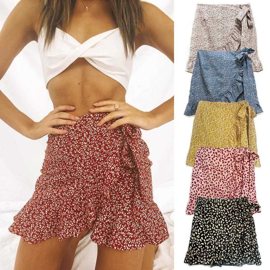Women Ruffle Bohemian Skirt WoMens High Waisted Lace Up Short Skirt With Ruffled Edges And Irregular Printed Zipper Skirt 241023
