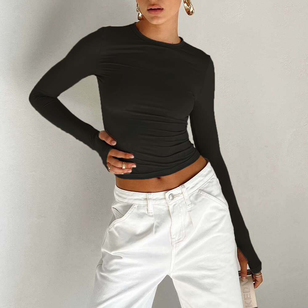 Womens 2023 Spring New T-shirt Solid Round Neck Underlay Shirt Slim Fit Wearing Hand Long Sleeve Top for Women