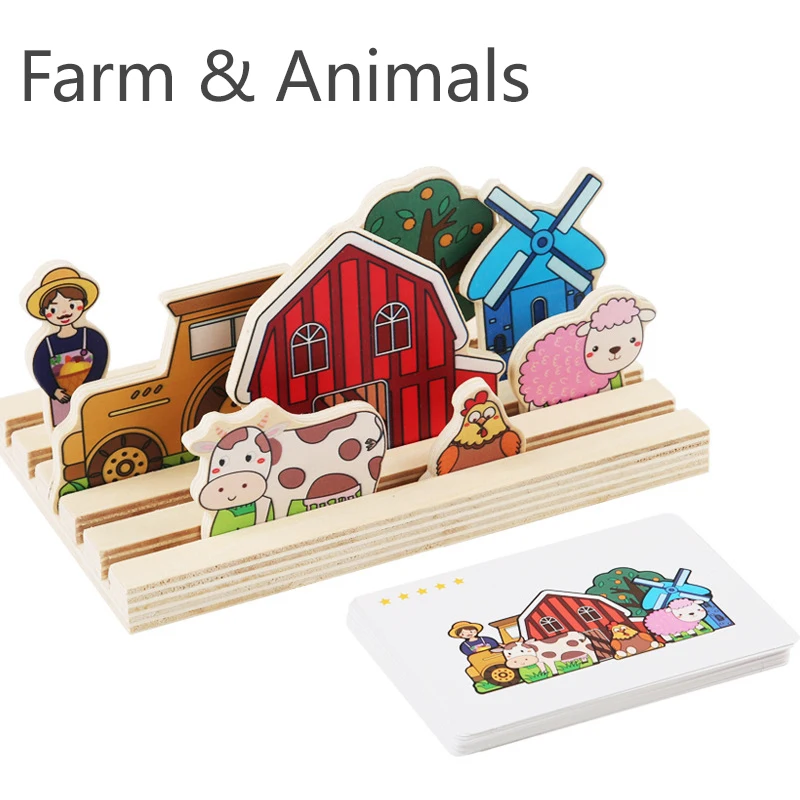 Montessori Logical Thinking Games Wooden Puzzle Math Toy Farm Animal Castle Card Matching Games Children Educational Sensory Toy