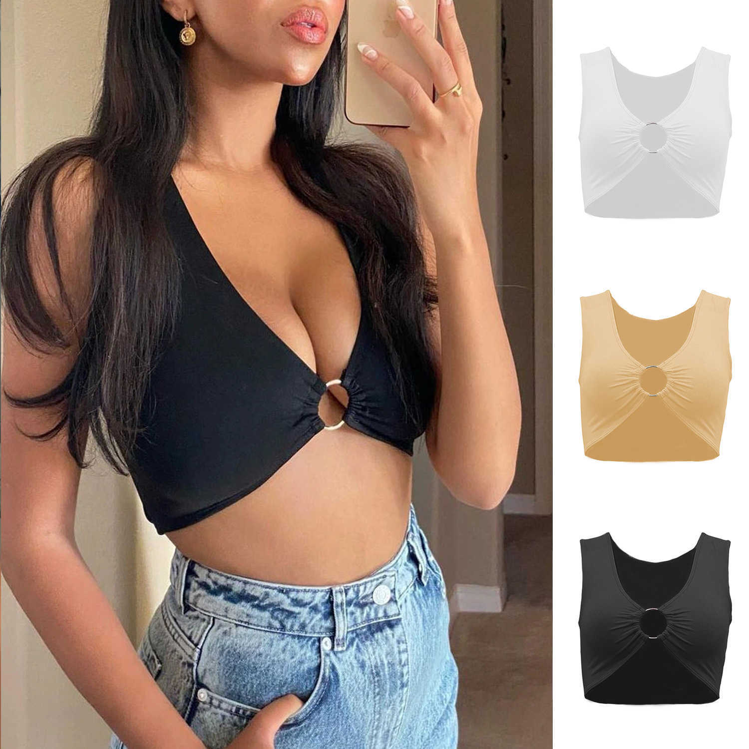 Womens Tshirt WoMens Summer Exposed Navel Woman Vest Womens Knits V-neck Solid Color Small Metal Ring Hollow Open Back Sexy Slim Fit Vest 241024