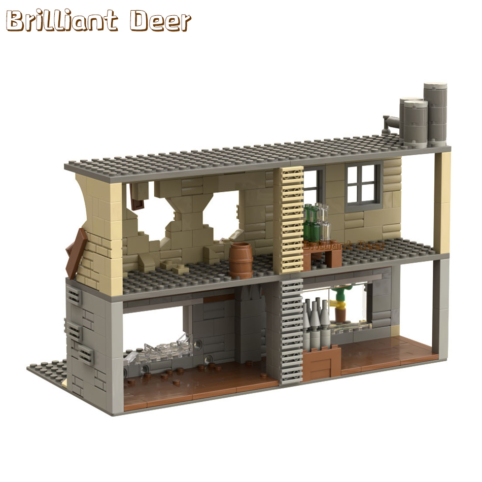 Abandoned Ruined Buildings MOC WW2 Pubg Military Base DIY Scenes Building Blocks Set Parts for Army Soldier Figures Boys Toys