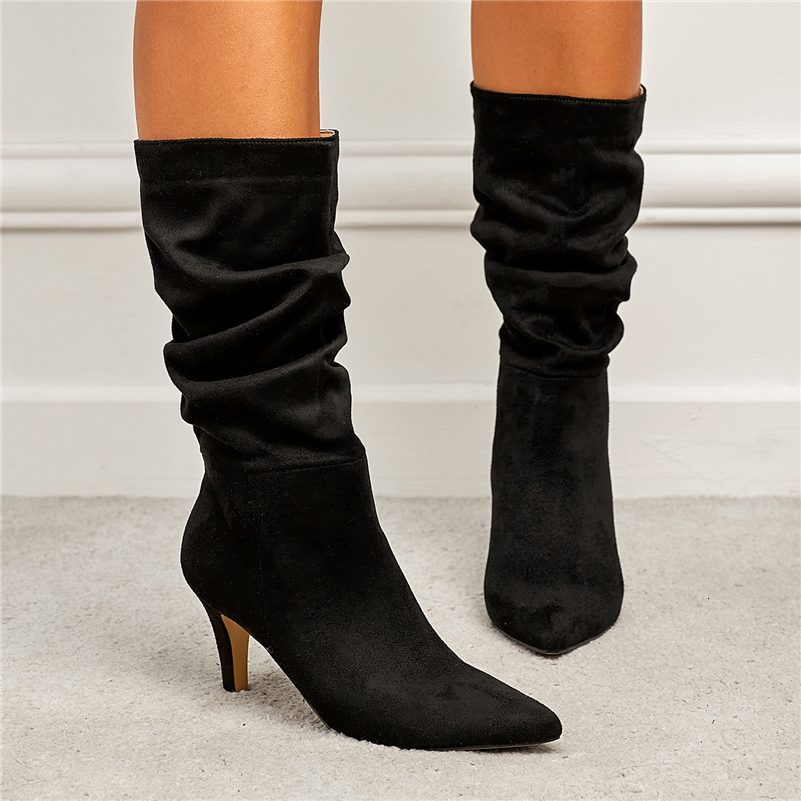 Women 7.5Cm High Suede Mid Calf Boots Lady Fashion Fetish Stripper Low Heels Booties Brown Ck Pleated Slipony Shoes
