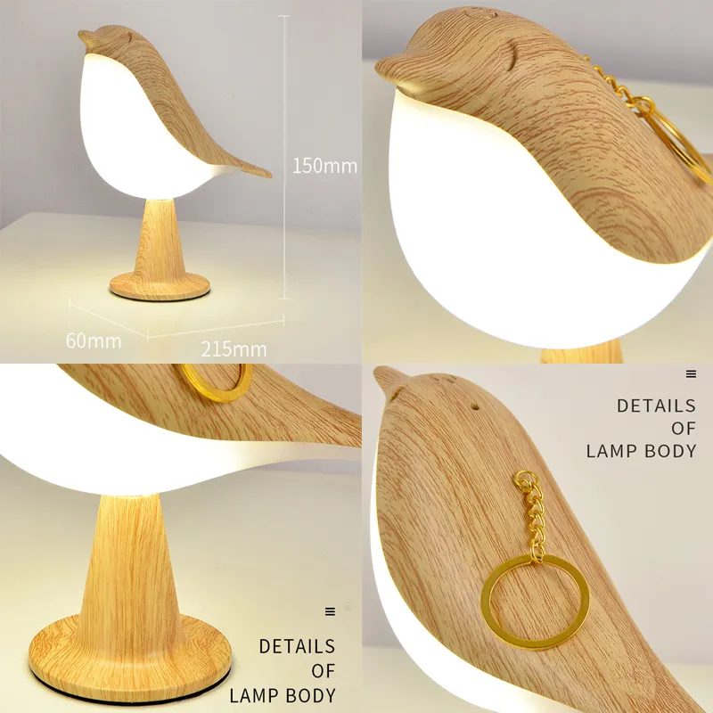 3 new Colors Bedside Lamp LED 2025 Touch Switch Wooden Bird Night Lights Rechargeable Bedroom Table Reading Lamp Decor Home