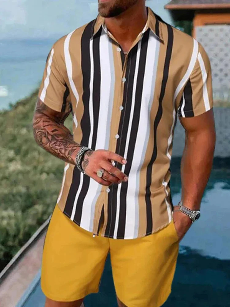 Mens Shirt Sets 3d Print Patchwork Lapel Short Sleeve Casual Beach Shorts Summer Streetwear Vacation Hawaiian Suits Men 240327