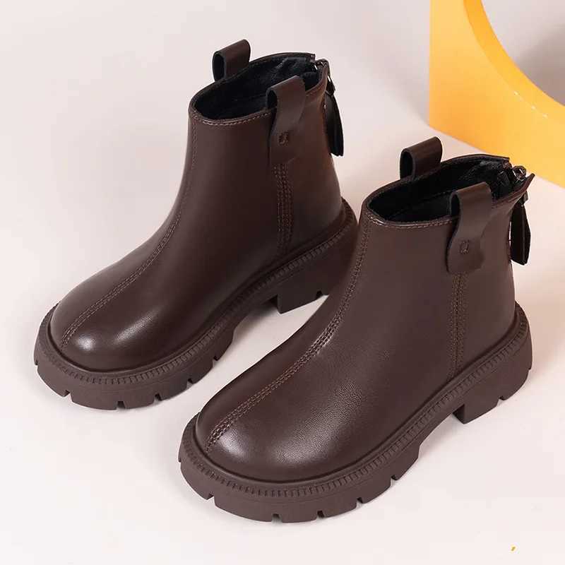 Girls Boots Autumn Winter New Solid Childrens Soft Bottom Leather Boots Boys Casual Cotton Ankle Boots Fashion Zipper Childrens Sports Shoes M241102