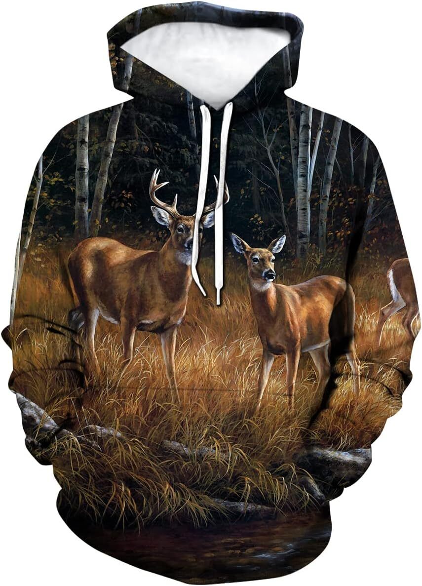 Hoodie for Mens Womens Deer Hoodie Novelty Print Animal Hoodies Sweatshirt for Men Women The deer stared at each other Graphic Hoodies sweatshirt Pull