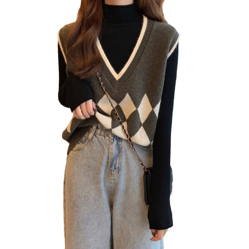 Korean Version Autumn And Winter New Item Loose Outer Diamond Grid Knitted Sweater V Neck Women Vest F1102#29
