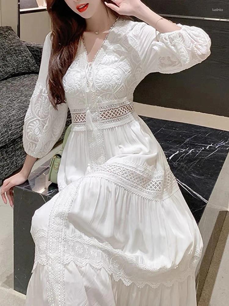Casual Dresses White Long Women Vintage Boho Lace Dress Female Summer Sleeve Ladies Elegant Hollow Out Beach Holiday Vestido