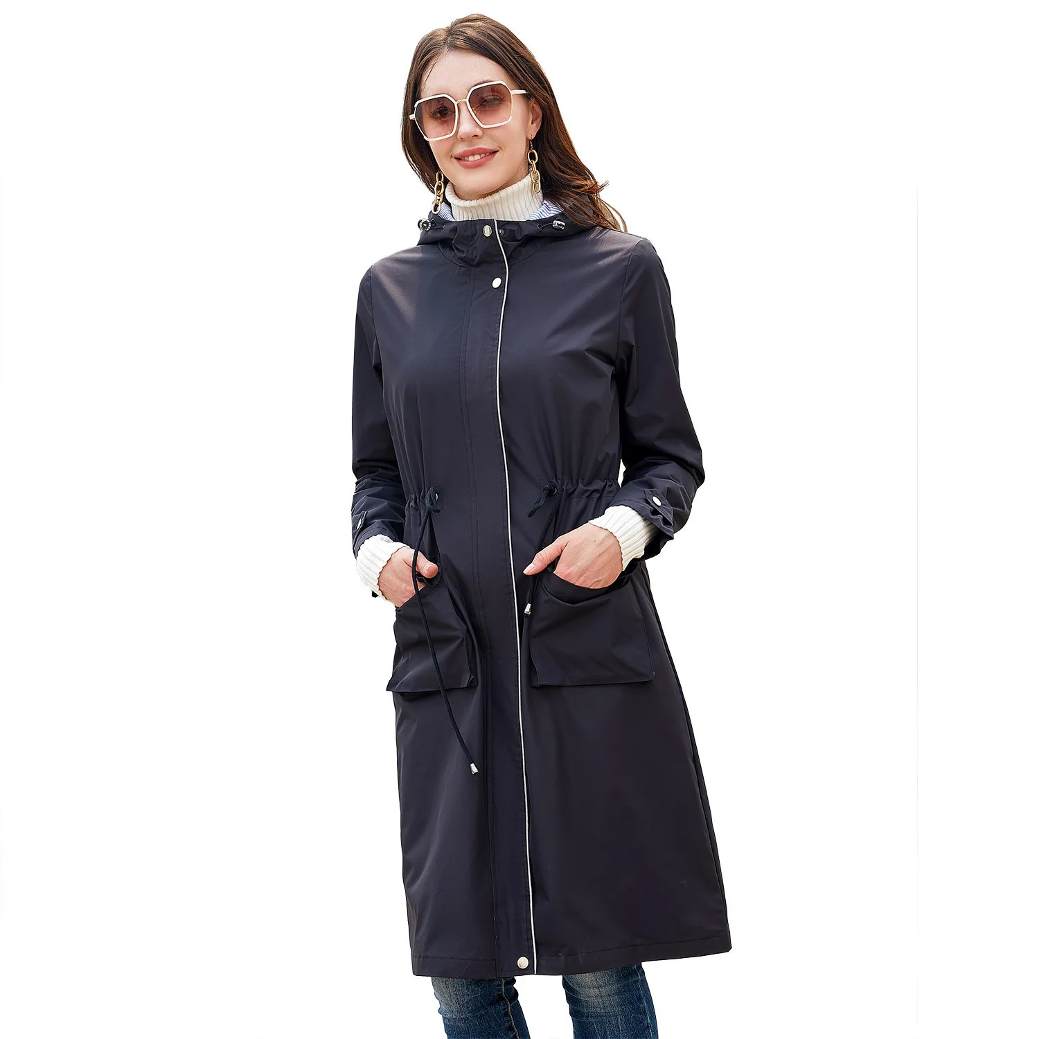 ly arrived womens long trench coat waterproof loose hooded windproof machine 241031
