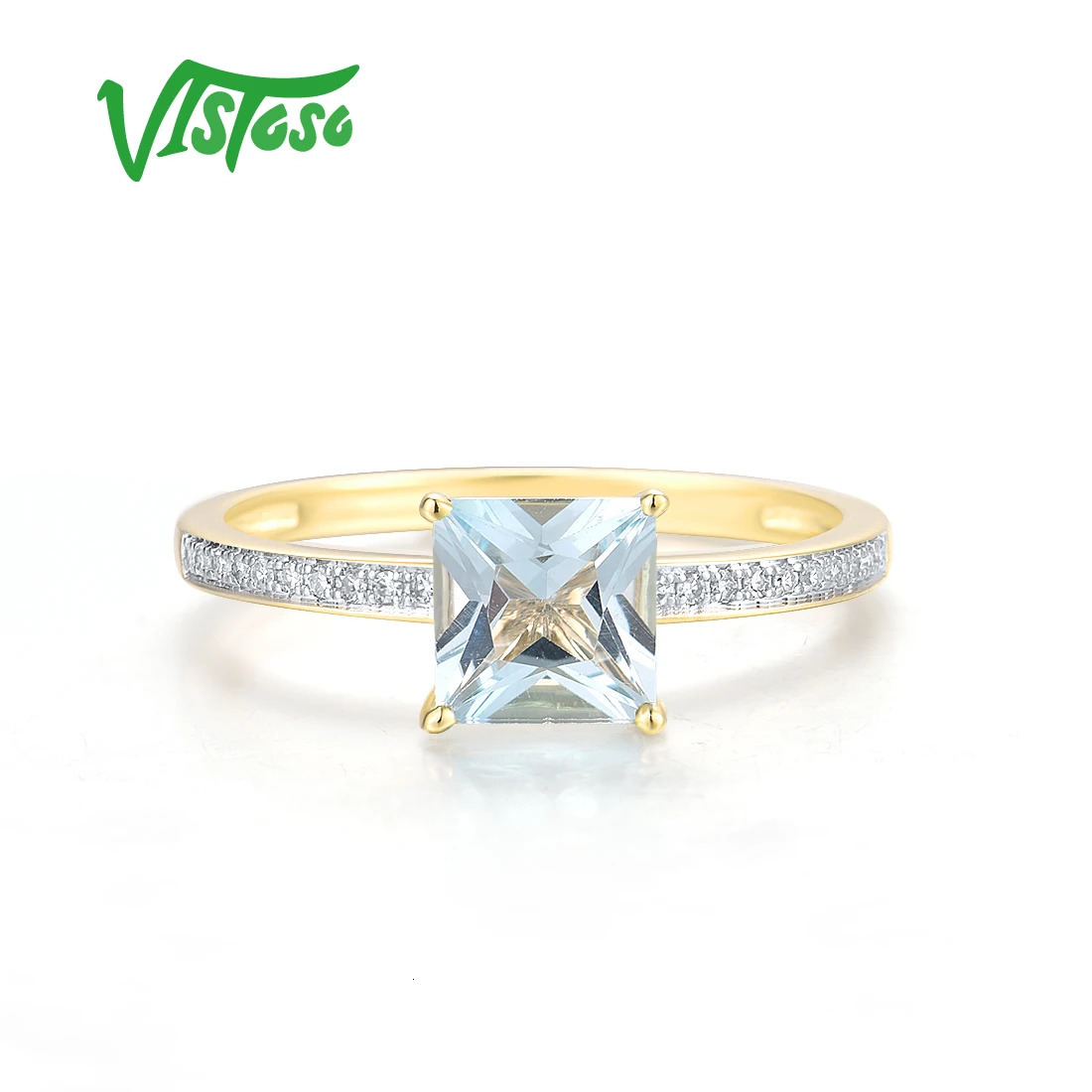 VISTOSO Genuine 9K 375 Yellow Gold Ring For Women Sparkling Diamond Blue Topaz Minimalism Daily Wear Solitaire Fine Jewelry 240402