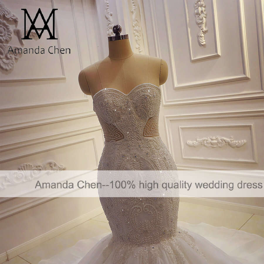 Amanda Novias Mermaid Lace Applique Design Strapless Wedding dress