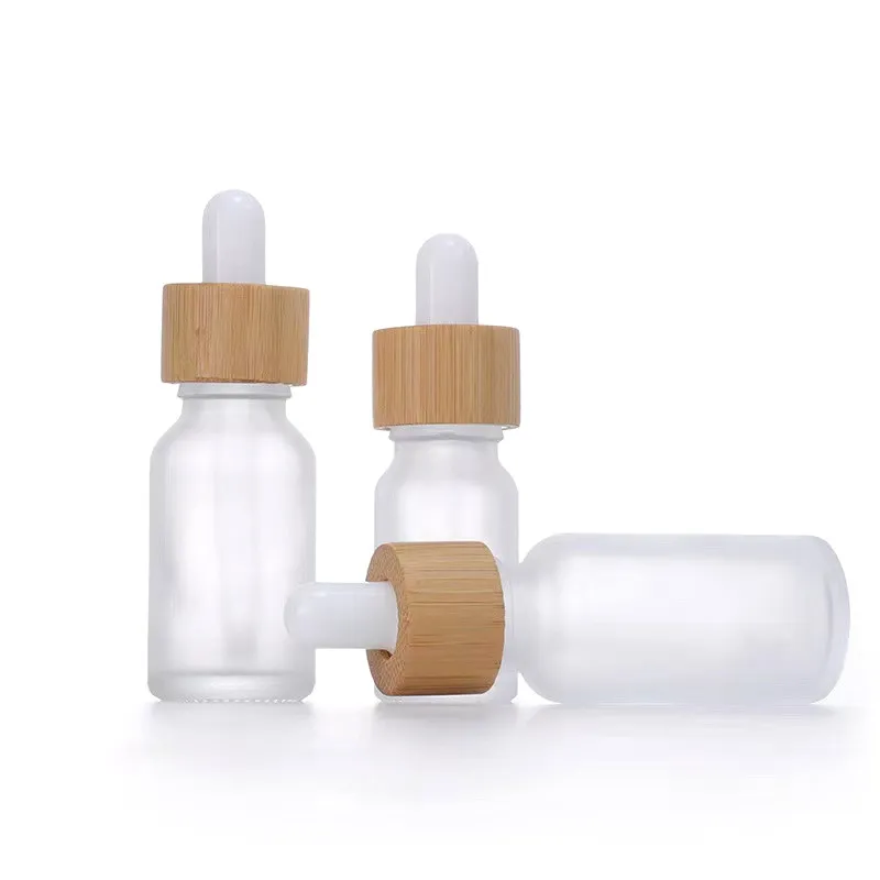 wholesale Frosted White Glass Dropper Bottle 10ml 15ml 20ml 30ml 50ml With Bamboo Cap 1oz Wooden Essential Oil Bottles LL