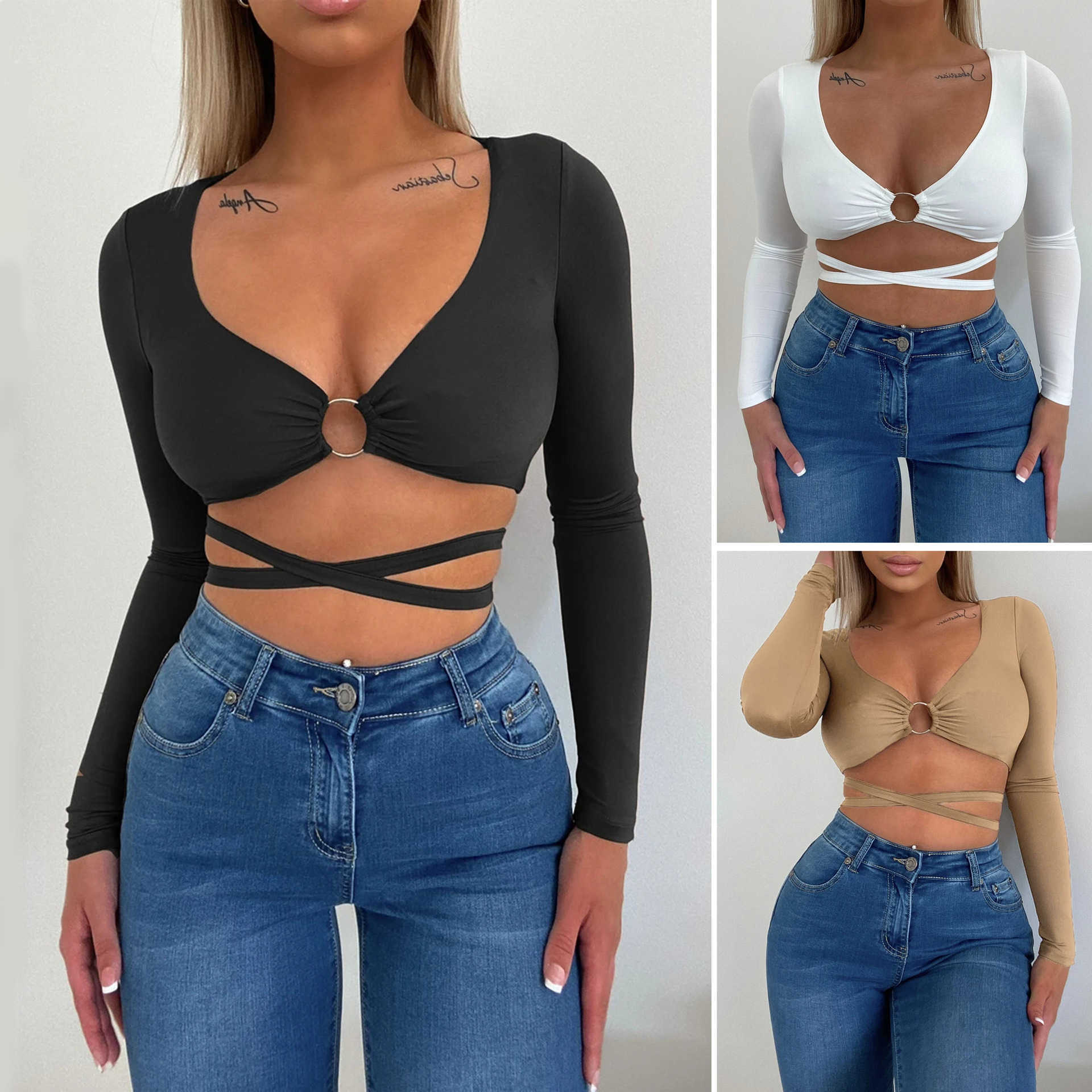 Womens Tshirt Summer Sexy Navel Revealing Womens Knits Slim Fit Solid Color Versatile Bandage Hollowed Out V-neck Long Sleeve T-shirt WoMens 241024
