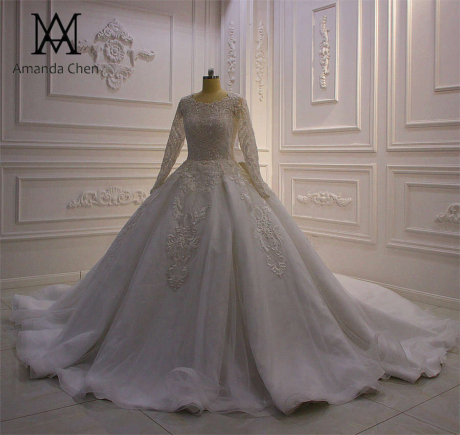 bruidsjurken Full Sleeve Lace Applique Wedding Dress for Muslim Bride