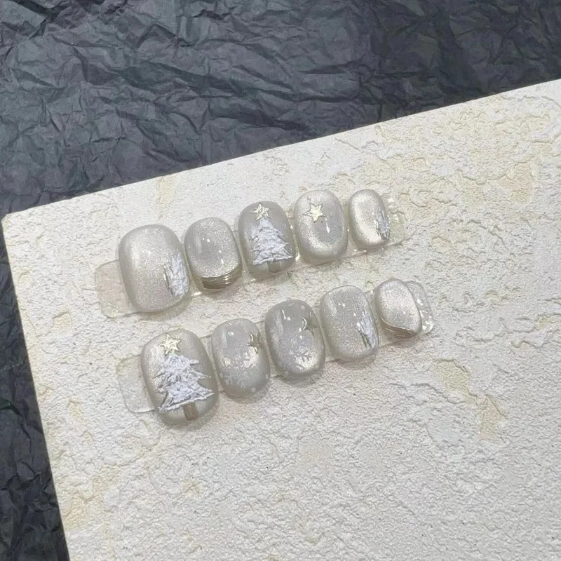 10 pieces/set full set of fake nails pressed on nails pure handmade patches removable fake nails snowflake Christmas tree 241031