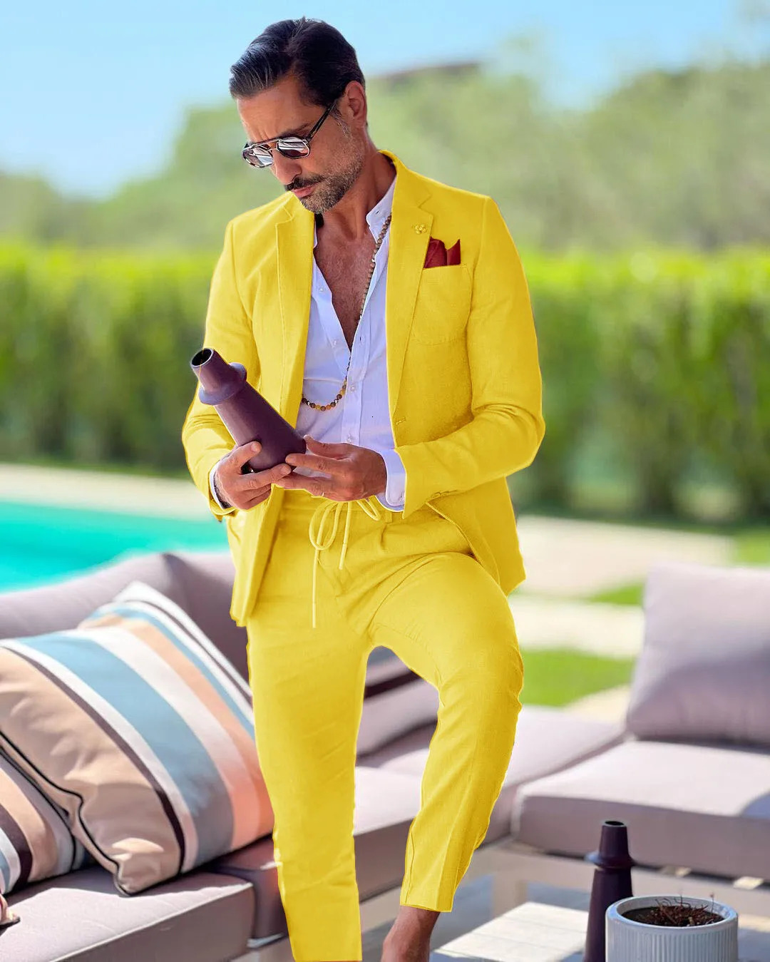 Linen single breasted mens suit twopiece summer jacket pants slim fit casual business wedding groom tailcoat formal work wear 241024