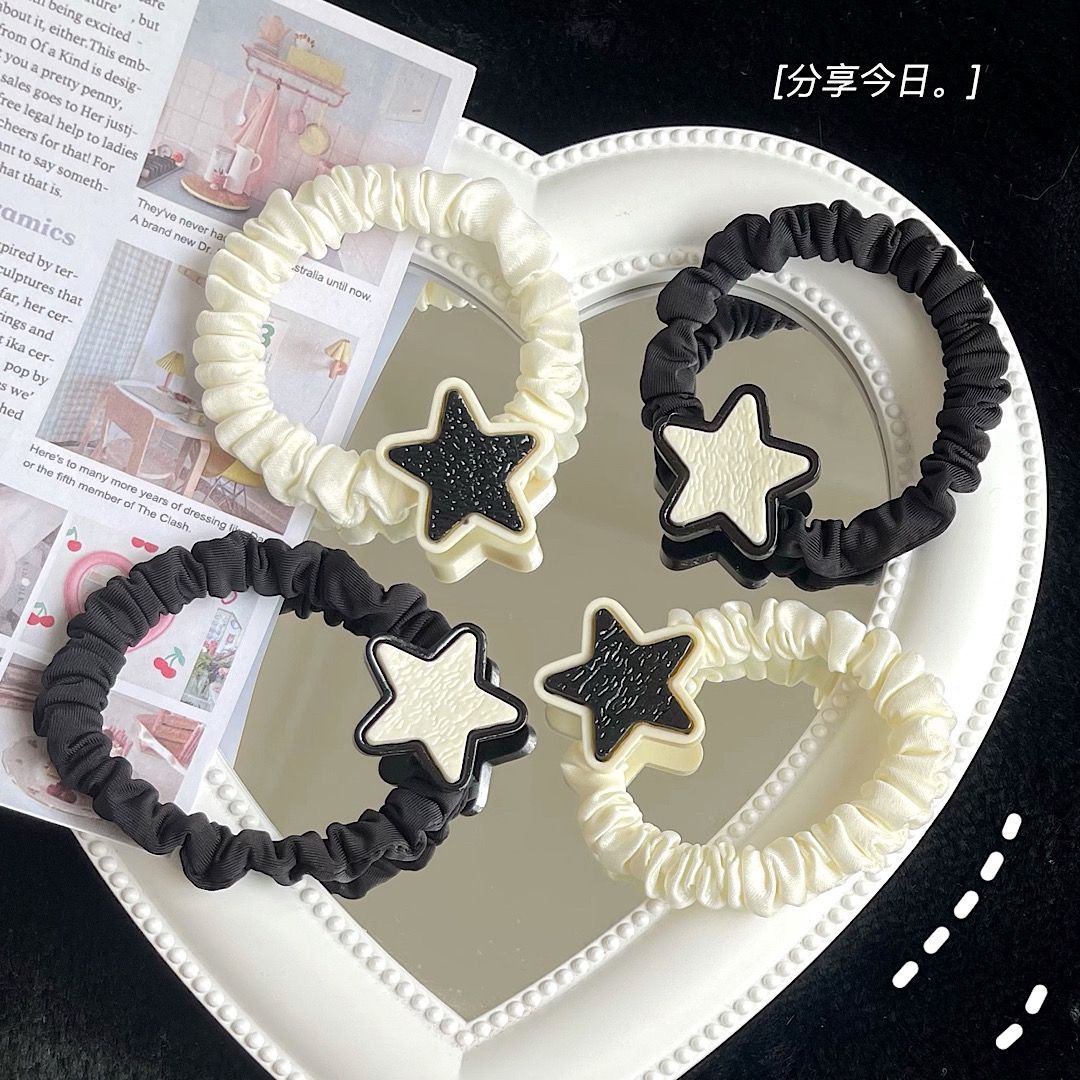 Headband Black and white stars sweet and cool hair rings Korean Girls Cartoon Harajuku Wind Five pointed Star Versatile ponytail hair rope headwear