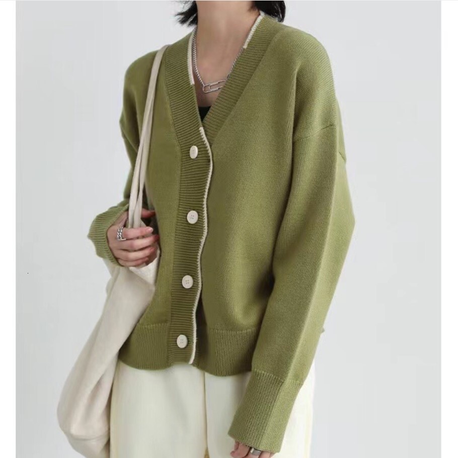 Korean Version Soft And Skin Friendly Playful Age Reducing Loose V Neck Wavy Placket Long Sleeved Versatile Temperament Knitted Cardigan For Women F11