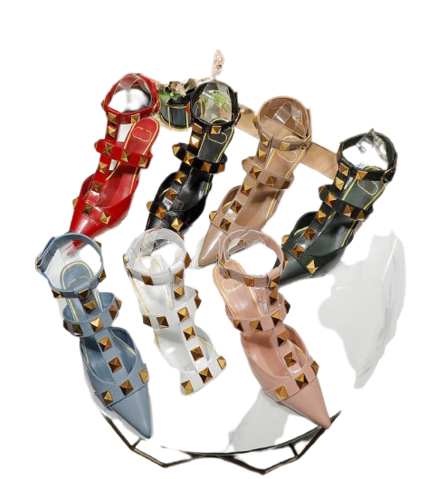 Luxury High Quality Womens Rivets Sandals Summer Fashion Genuine Leather Tstrap 45cm High Heels Designers Woman Flat Dress