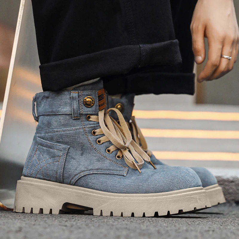 Mens platform denim boots retro n Ankle shoes mens high-quality comfortable boots cool casual lace up outdoor shoes 241031