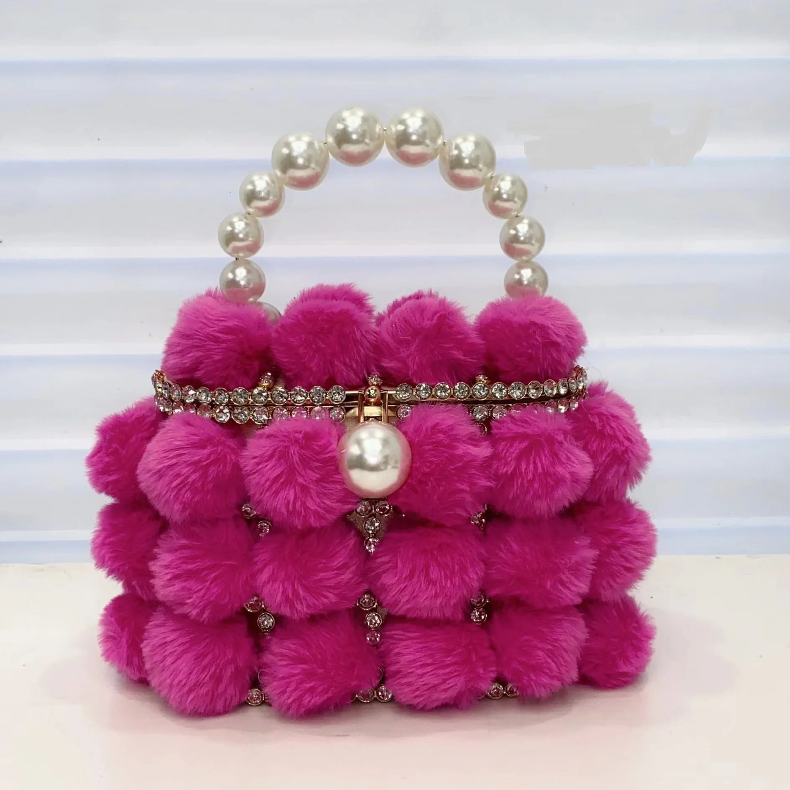 Pearl Handle Rhinestone Evening Bag Fur Crystal Top Handbag Womens Wallet and Handbag Banquet Bag 241031