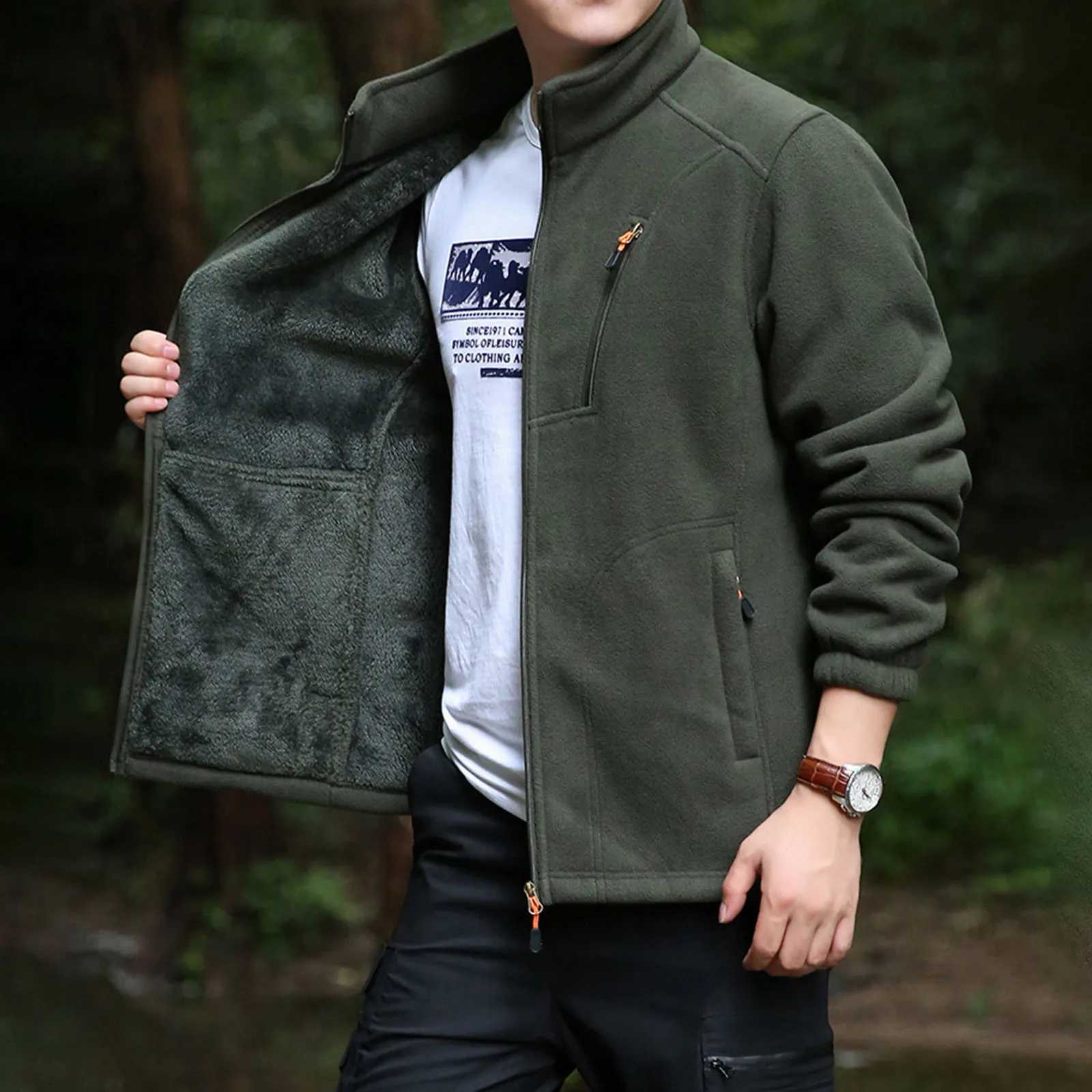 Mens jacket full zipper water soft shell jacket long sleeve stand collar hot-dip galvanized lining Kp thermal jacket W241102