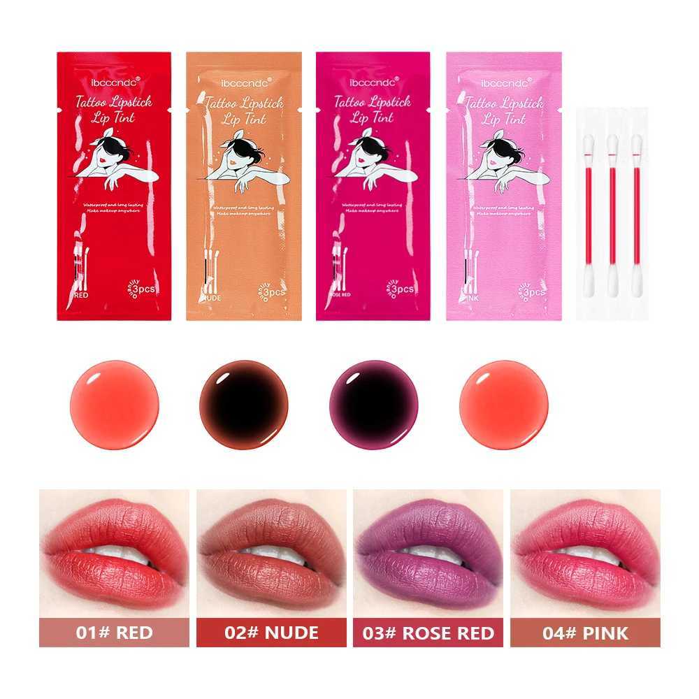 Portable 3-piece/set mouth red cotton swab lipstick waterproof no stick cup tattoo lipstick lip gloss W241101