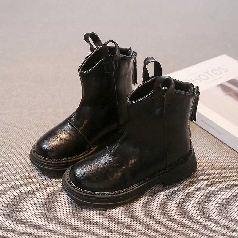 New childrens shoes solid color baby shoes suitable for girls fashionable shoes popular shoulder and ankle boots for children matte PU leather anti sl