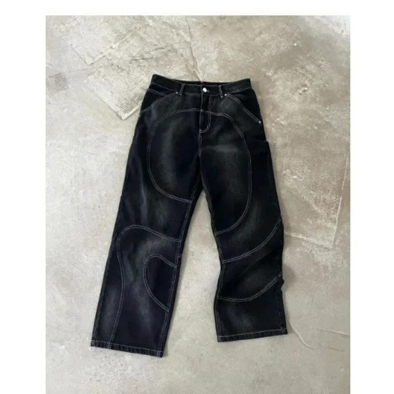 Baggy Jeans for Men Y2k Hip Hop Distressed Retro Black Pants Oversized Embroidery Harajuku Gothic Wide Leg Trousers Streetwear y241024