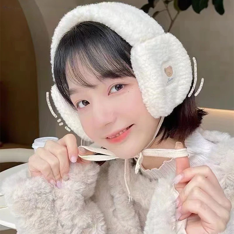 Lace UP Khaki Korea Cute Bear Earmuff Women Winter Plush Warm Ear Warmer Adults Kids Tie Ear Muffs Earphones Woman ddmysmile Ear Cover Hot Smile