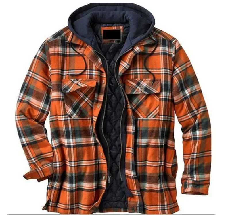 Mens long Sleve winter hooded jacket Flce lining flannel plain shirt jacket button up Sherpa jacket with hood W241102
